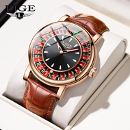 LIGE Fashion Jam Tangan Leather Watch Men Unisex Rotating Dial Roulette Waterproof Luminous WristWat