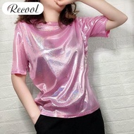 เสื้อยืดลำลองสตรี recool สีสะท้อนแสงพิมพ์เสื้อฮิปฮอปแขนสั้น