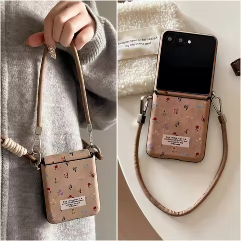 Aesthetic Korean Full Screen Floral Brown Case with Leather Chain for Motorola Razr 60Ultra Razr 60 