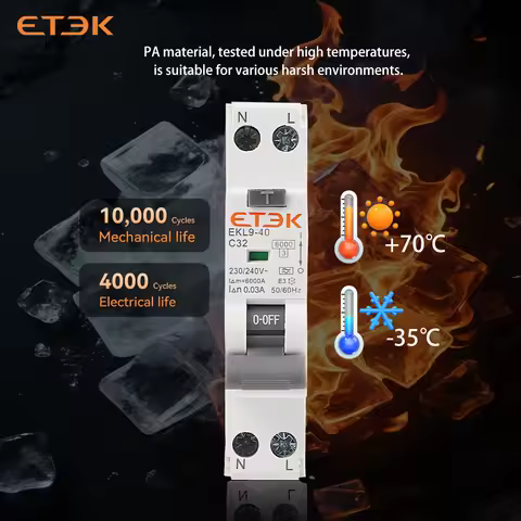 ETEK 19mm RCBO B Curve /C Curve 30mA 1P+N A type 6KA DIN Rail Residual Current Breaker with Overcurr