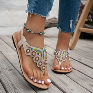 Cross-Border 2025 Bohemian Beaded Rhinestone Roman Flat Sandals