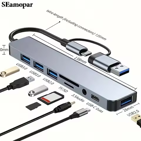 8-in-1 USB Expander HUB USB Distributor with 2 USB 3.0, 2 USB 2.0, And 1 USB C Ports, TF/SD Card Sui
