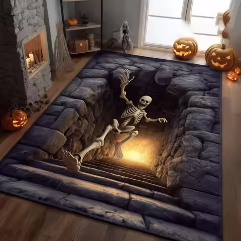 3D Terrifying Skeleton Printed Carpet Phantom Staircase Illusion Carpet Gothic Halloween Area Carpet