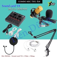 BỘ LIVE STREAM MIC BM900 SOUND CARD V8 CHÂN MÀNG TAI NGHE ( Đã có Dây Live stream)- TRỌN BỘ MIC THU