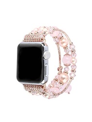 女性粉色人造珍珠水晶彈性珠子手錶帶，適用於所有蘋果手錶品牌的38mm/40mm/41mm/42mm/44mm/45mm/49mm尺寸，適用於系列Ultra/Se/S9/8/7/6/5/4/3/2/1所有型號，適用於所有季節，可以搭配裙子和運動服，是美麗，耐用和易於佩戴的蘋果手錶帶。