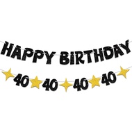 Black Gold Glitter Happy 40th Birthday Banner Set 40th Birthday Bunting with Stars 40th Birthday Par