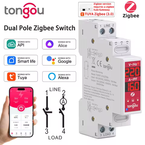 L/N or L/L 2P 18mm Zigbee Smart Switch 16A 100-240V Over/Undervoltage Auto/Manual Reclose Tuya Smart