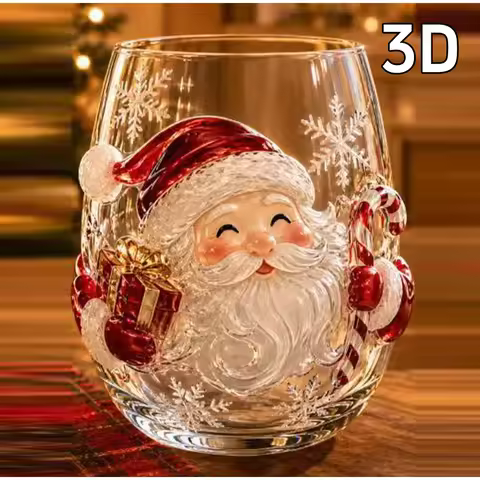 3D Christmas Glass Art Cup,Santa Snowman Reindeer Tree Drinking Glasses Christmas Wine Glasses, 3D G