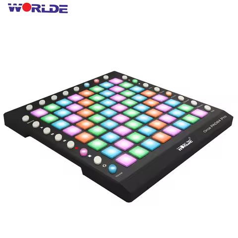 WORLDE Portable USB MIDI Drum Pad Controller 64 RGB Backlit Pads 24 Buttons Built-in 128MB Sound Mod