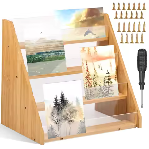 Card Display Stand Greeting Card Display 4 Tier Bamboo and Acrylic Card Stand Multifunctional Easy t