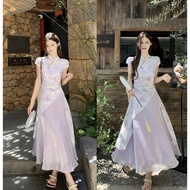 C8908L_Fantasy purple flowing clouds style dark pattern printed cheongsam, waisted glazed gauze skir