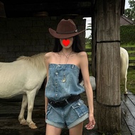 Cool GirlDenim Suit American Retro Designbiru for Women Y2K Cool Millennial Style Shorts