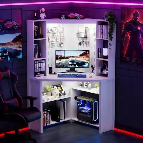 Desk with LED Reading Light, LShaped Computer Desk w Hutch amp Shelves, Home Office Desk w Charging 