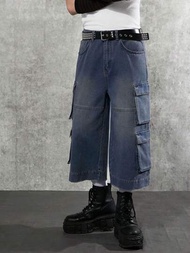 Manfinity Denimwave 男士藏藍色牛仔布多口袋工作服寬腿膝長短褲