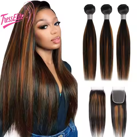 Clockwork 1b/30 3 Bundles with Closure Curtain Straight Human Hair 180% Density Brazilian Virgin Rem