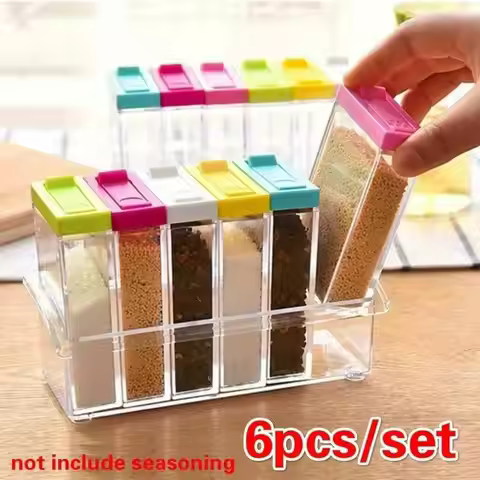 6Pcs/Set Spice Jar Seasoning Box Kitchen Spice Storage Bottle Jar Transparent PP Salt Pepper Cumin P