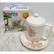 Terlaris Mug Sanya Tutup Set Tatakan Keramik/Gelas Mama Papa