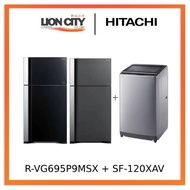 Hitachi R-VG695P9MSX - GBK / GGR BIG-2 Glass Door Inverter Refrigerator + Hitachi SF-120XAV 12kg Top Load with Glass Top
