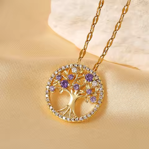 1 Piece of Charming Hollow Purple Fruit Tree of Life Pendant Necklace for Women, Exquisite Lucky Cha