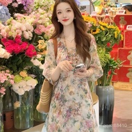 High Texture🎀 High-End Temperament V-Neck Floral French Dress 2025 Summer New Style Narrow Waist Sli