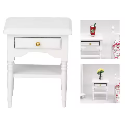 Bedside Table Furniture Mini Bedroom Furniture 1:12 White Mini Bedroom Furnishing Articles Wooden Be