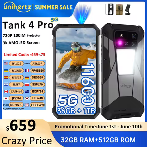 Unihertz by 8849 Tank 4 pro 5G Phone Built-in 720P Projector Dimensity 8300 16GB/18GB 3k AMOLED 1160