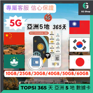 5G LTE 5國 亞洲 5地 亞太地區 外遊數據卡 旅行 中國 日本 韓國 台灣 澳門 中日韓台澳 5G LTE 365日 10GB 數據卡 使用限期 31/5/2027