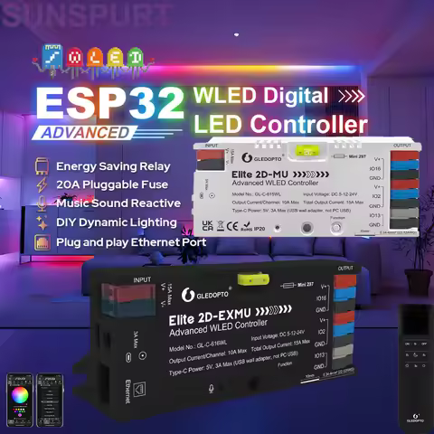 5NEW GLEDOPTO Elite 2D EXMU Ethernet ESP32 WLED Tuya Zigbee LED Controller with MIC 20A Fuse DIY Dyn