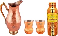 Taluka Copper Pitcher Jug 2000 Ml Drinking Water Storage Jug with 2 Copper Steel Ropund Bottom Glass 1 Hammer Leak Proof Joint Free Bottle 1000 ML for Health Benefits