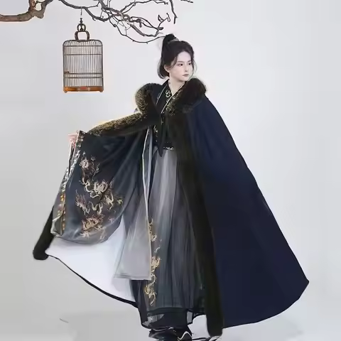 Winter Thicken Velvet Azure Blue Hanfu Cloak Men's Traditional Long Plush Collar Edge Robe Cool Styl
