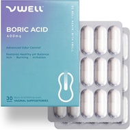 VWELL Boric Acid Vaginal Suppositories 30 Counts Blister Pack - Maintains and Balances Healthy Vagin