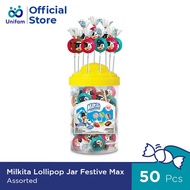 (per1 Toples Isi 50pcs) Milkita Lollipop Jar Assorted Festive Max - Toples Permen Lolipop Milkita Ra
