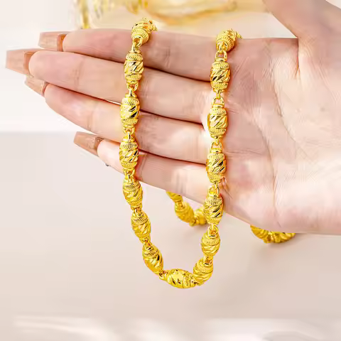 Luxury 24K 9999 Pure Gold real gold Men's domineering olive bead necklace