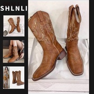 Mid Shaft Square Block Heel Classic Western Riding Boots Ladies Brown Floral Embroidery Cowgirl Boot