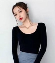 Hitam Baju Kemeja Wanita Gas AsingVKolar Di Dalam Baju Ketat Lengan Panjang Versi Korea Trend LonggarTT-Shirt Kolar Rend