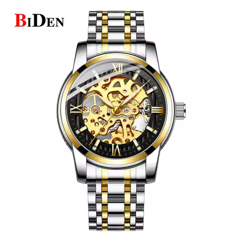 BIDEN Classic Mechanical Watch Luxury Diamond Dial Luminous Hands Gold Skeleton Automatic Men's Watc