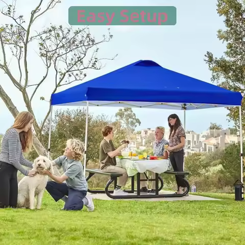 10x10 ft Canopy Tent with Wheeled Carry Bag, 8 Stakes, 4 Ropes, 4 Weight Bags, Easy Set Up Tent Cano