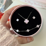 Suwann.na.shop [ราคาต่อคู่] สร้อยคอ สร้อยคอเงินแท้ ต่างหู ต่างหูเงินแท้ โคลเวอร์ชมพู เงินทอง