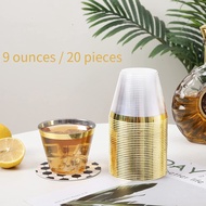 9OZ disposable cups, 20 pieces Shiny Crystal Clear Gold rimmed plastic cups