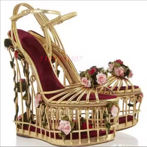 Luxury Bird Cage Wedges Sandals Gold Metal Hollow Platform Heels Wedding Shoes 3D Rose Flower Decora