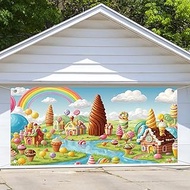 Candyland Garage Door Cover, Cartoon Gingerbread House Garage Door Decorations 8 x 7 ft Sweet Desser