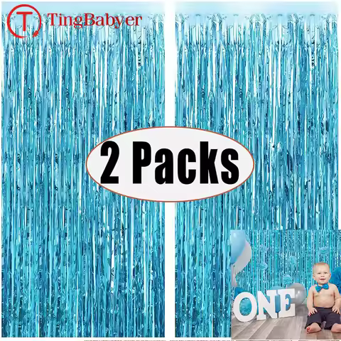 2Pack 1X2M Blue Rain Tinsel Curtain First Happy Birthday Decoration Adult Kids Baby Boy Girl 1st One