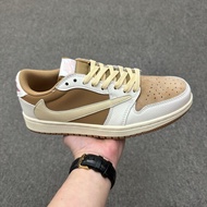 Travis Scott x Low, low-top basketball shoes in khaki and brown, AJ1 collaboration, comfortable for 