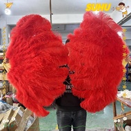SUHU Folding Fan, Big Red Ostrich 12 Bones Handheld Fur Fan,  30*52cm 35*60cm Runway  Props Carnival