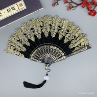 [Poetry Living Hall] [lolita lolita Cheongsam Folding Fan] Photo Fan Dark Black Antique Golden Horse