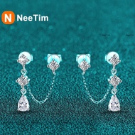 JIUya NeeTim Full Moissanite Stud Chain Earrings for Women Sparkling Lab Diamond Earring 925 Sterlin