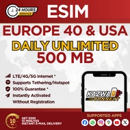 eSIM Europe 40 & USA   Daily Unlimited 500 MB Data | eSIM Activated Instantly