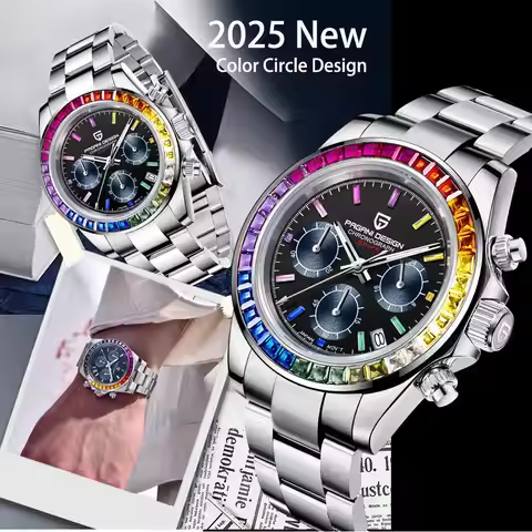 PAGANI DESIGN PD1644 Men Quartz Watch Rainbow Bezel Stainless Steel 100M Waterproof Men Watch VK63 S