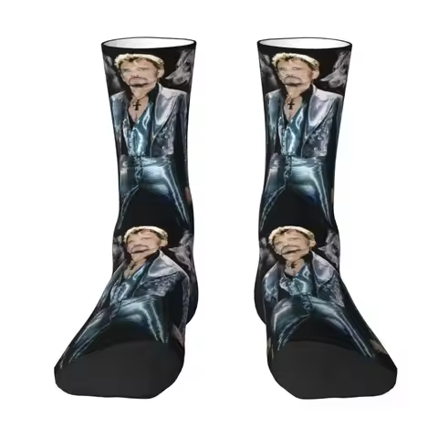 Custom Cool Printed Johnny Hallyday With Wolf Socks for Men Women Stretchy Summer Autumn Winter Fren