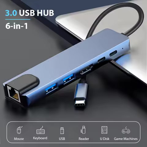 Hub USB Type C High Transmission RJ45 6 in 1 Docking Station USB 3.0 Supports 65W Reverse Charging L